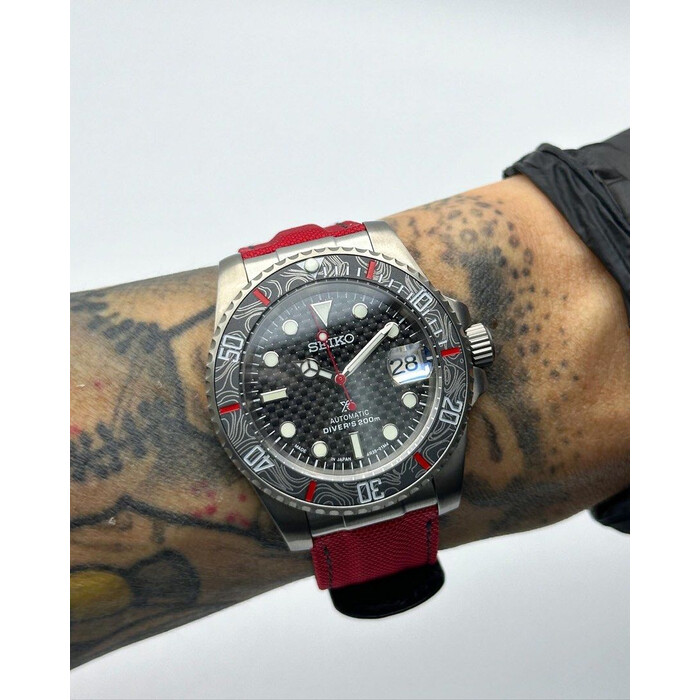 Custom Seiko Mod • Black Red Carbon Titanium Submariner on Velcro • 40mm